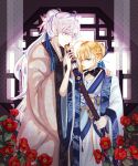  1boy 1girl ahoge artoria_pendragon_(fate) blonde_hair blue_eyes blue_ribbon braid braided_bun chinese_clothes earrings fate/grand_order fate_(series) flower french_braid hair_between_eyes hair_bun highres holding holding_sword holding_weapon indoors jewelry long_hair long_sleeves looking_at_viewer merlin_(fate) profile purple_eyes ribbon s_00 saber smile sword very_long_hair weapon white_hair 