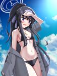  1girl absurdres black_hair blue_archive blue_hairband blue_sky breasts cardigan cloud day grey_cardigan hairband halo highres jewelry kurage-jellyfish long_hair looking_at_viewer medium_breasts navel necklace official_alternate_costume open_cardigan open_clothes outdoors ponytail purple_eyes sky swimsuit ui_(blue_archive) ui_(swimsuit)_(blue_archive) 