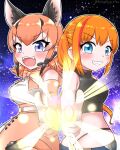  2girls animal_ears belt blue_eyes bow bowtie caracal_(kemono_friends) cat_ears cat_girl cat_tail elbow_gloves extra_ears gloves highres indie_virtual_youtuber irodori_mayoi kemono_friends kemono_friends_v_project long_hair mabuta_(mbt) microphone multiple_girls orange_hair shirt simple_background skirt sleeveless sleeveless_shirt tail turtleneck twintails virtual_youtuber 
