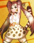  1girl animal_ears bow bowtie cat_ears cat_girl cat_tail extra_ears geoffroy&#039;s_cat_(kemono_friends) highres kemono_friends kemono_friends_v_project kneehighs long_hair looking_at_viewer microphone open_mouth rest_in_muni ribbon shirt simple_background skirt socks solo suspenders tail twintails virtual_youtuber yellow_eyes 