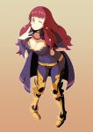  1girl absurdres black_cape bodysuit breasts cape cianter clothing_cutout facial_mark fire_emblem fire_emblem_engage gold_belt hair_ornament highres large_breasts long_hair purple_bodysuit red_hair side_cutout smile solo star_(symbol) star_facial_mark star_hair_ornament yellow_background yunaka_(fire_emblem) 