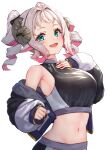  animal_ears breasts clenched_hand colored_inner_hair cropped_jacket drill_hair green_eyes hair_intakes hand_on_own_chest hitsujino_moko horns indie_virtual_youtuber large_breasts long_hair looking_at_viewer multicolored_hair navel open_mouth pensuke sheep_ears sheep_girl sheep_horns short_shorts shorts smile twin_drills virtual_youtuber 