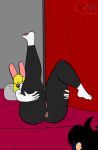  5_fingers ale_(god-ale_oc) anthro anus bed big_butt black_hair blonde_hair butt butt_shot dark_glasses digital_drawing_(artwork) digital_media_(artwork) domestic_rabbit duo dutch_rabbit feet female fingers flat_colors furniture genitals god-ale hair hi_res human lagomorph larger_female leg_grab leporid looking_at_butt lying lying_on_bed male male_human/female_anthro mammal nude nude_female on_bed oryctolagus pawpads pink_pawpads presenting presenting_anus presenting_hindquarters purple_eyes pussy rabbit simple_background size_difference smaller_male thick_thighs thigh_grab 