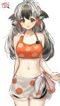  1girl absurdres arknights bikini black_hair breasts grey_hair highres long_hair looking_at_viewer midriff multicolored_hair navel nopetroto open_mouth orange_eyes polka_dot shorts simple_background small_breasts snowsant_(arknights) solo spoken_blush swimsuit two-tone_hair white_background 