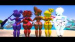 animatronic anthro beach bikini chica_(cally3d) clothing female female/female five_nights_at_freddy&#039;s five_nights_in_anime foxy_(fnaf) frenni_fazclaire furry group group_picture hi_res light machhk1 machine marie_(cally3d) robot scottgames seaside sunlight swimwear 