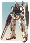  armor border character_request clenched_hand daue gradient_background gun gundam highres mecha mecha_focus no_humans rifle robot science_fiction shield standing weapon white_border 