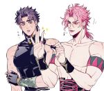  2boys corset dio_brando earrings fingerless_gloves gloves hako_iix07 jewelry jojo_no_kimyou_na_bouken jonathan_joestar lips looking_at_another male_focus multiple_boys muscular muscular_male musical_note nail_polish nail_polish_brush official_alternate_costume painting_nails parted_lips pectorals phantom_blood pink_eyes pink_hair pink_lips pink_nails purple_hair short_hair smile sparkle spoken_musical_note sweatdrop wristband 