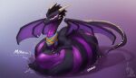  4_fingers absurd_res ambiguous_gender belly black_body digestion_noises dragon feral fingers hi_res horn lunlunfox membrane_(anatomy) membranous_wings purple_belly shenscalybutt solo tail vore wings 
