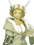  blonde_hair blush breasts cleavage collarbone final_fantasy final_fantasy_xiv fur-trimmed_robe fur_trim green_eyes horns jamjamstyle jewelry kan-e-senna large_breasts lips no_bra padjal ring robe simple_background upper_body white_background 