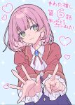  1girl :3 blue_background blue_gemstone collared_shirt episode_number gem green_eyes hanagata heart heart-shaped_pupils index_finger_raised jacket outstretched_hand pepi_barlier pink_hair red_jacket school_uniform shirt solo sparkle_background symbol-shaped_pupils watashi_no_oshi_wa_akuyaku_reijou 