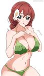  absurdres alterrealzero bikini blue_eyes braid breasts brown_hair cleavage emma_verde finger_to_mouth flower frilled_bikini frills green_bikini hair_flower hair_ornament highres index_finger_raised large_breasts long_hair love_live! love_live!_nijigasaki_high_school_idol_club low_twintails simple_background swimsuit twin_braids twintails white_background 