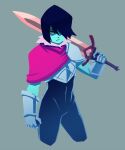  1other armor blue_skin colored_skin deltarune gauntlets gloves grey_background hair_over_one_eye highres holding holding_sword holding_weapon kris_(deltarune) looking_at_viewer red_eyes scarf shoulder_armor simple_background sword weapon za1f0n 
