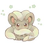  animal_focus bright_pupils brown_eyes chinchilla_(animal) cinccino closed_mouth commentary_request flower_(symbol) full_body grey_fur looking_up lowres m-mi no_humans pokemon pokemon_(creature) smile solo standing white_background white_pupils 