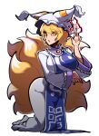  1girl animal_ears animal_hat blonde_hair blue_tabard breasts dress fox_ears fox_tail hat highres holding iganashi1 kneeling large_breasts long_sleeves mob_cap multiple_tails short_hair socks tabard tail touhou white_background white_dress white_socks wide_sleeves yakumo_ran yellow_eyes 