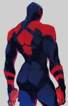  1boy absurdres ass blue_bodysuit blue_mask bodysuit english_commentary facing_back film_grain from_behind highres male_focus marvel mask muscular muscular_male red_bodysuit rokuhashi_8 simple_background skin_tight solo spider-man:_across_the_spider-verse spider-man_(2099) spider-man_(series) standing two-tone_bodysuit white_background 