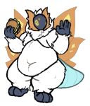  2023 2_horns 3_toes aki_maned_wolf ambiguous_gender ancient_pokemon anthro anthrofied arthropod arthropod_abdomen belly big_belly biped blue_body blue_skin burger deep_navel eye_markings eyes_closed feet food fur generation_9_pokemon hi_res holding_food holding_object horn insect insect_wings lepidopteran mane markings moobs moth navel neck_tuft nintendo orange_markings overweight overweight_ambiguous overweight_anthro paradox_pokemon pokemon pokemon_(species) pokemorph red_horn red_wings simple_background slither_wing solo standing toes tuft white_background white_body white_fur wings yellow_markings 