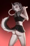  2:3 anthro biped black_bottomwear black_clothing black_skirt black_topwear bottomwear breasts butt canid canine canis clothed clothing digital_media_(artwork) eyebrows eyelashes female fur grey_body grey_fur grey_hair hair helluva_boss hi_res holding_object holding_tennis_racket katsumizi looking_at_viewer loona_(helluva_boss) mammal miniskirt no_underwear open_mouth pleated_skirt portrait red_background red_eyes shaded simple_background skirt solo standing teeth tennis_racket three-quarter_portrait topwear white_body white_fur wolf 