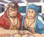  3boys bara beard beard_stubble blue_eyes blue_hair blush bulge chalkboard chest_hair classroom erection erection_under_clothes facial_hair fins fish_boy hairy hand_on_another&#039;s_stomach indoors jacket jewelry jinn_(housamo) large_pectorals long_sideburns looking_at_viewer love_triangle male_focus mature_male mononobe_kyoma multiple_boys muscular muscular_male mustache_stubble necklace pectoral_cleavage pectorals pov pov_crotch shell_necklace short_hair sideburns stubble sunfight0201 thick_eyebrows tokyo_afterschool_summoners track_jacket triton_(housamo) unibrow v-shaped_eyebrows yaoi 