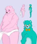  2023 abbytabbys achuchones_(unicorn_wars) anthro bear belly blush bow_tie clothing duo fur gordi_(unicorn_wars) green_body green_fur hi_res male male/male mammal overweight overweight_male pink_body pink_fur underwear unicorn_wars 