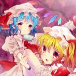  2girls bat_wings blonde_hair blue_hair blush crystal cup dress fang flandre_scarlet hat hat_ribbon holding holding_cup mary_janes medium_hair mob_cap multiple_girls open_mouth red_footwear red_ribbon remilia_scarlet ribbon sailor_antei shoes short_hair short_sleeves siblings sisters slit_pupils socks teacup touhou white_socks wings wristband 