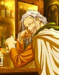  1boy :d alcohol bottle cabinet cape closed_eyes facing_viewer glasses grey_hair highres indoors long_hair long_sleeves musasabiop old old_man one_piece silvers_rayleigh smile solo 