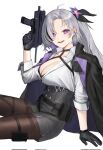  1girl ahoge apc9k_(girls&#039;_frontline) black_bra black_gloves bra bra_peek breasts buttons cleavage collarbone collared_shirt double-breasted from_side girls&#039;_frontline gloves grey_hair gun high-waist_shorts highres jacket kir_(khw66136132) large_breasts long_hair looking_at_viewer mole mole_under_mouth open_clothes open_jacket open_mouth pantyhose parted_bangs purple_eyes shirt short_shorts shorts sitting smile solo submachine_gun thighband_pantyhose underwear weapon wing_collar 
