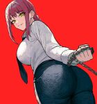  1girl ass black_necktie black_pants braid braided_ponytail breasts brown_hair chain chain_leash chainsaw_man holding holding_leash large_breasts leash looking_at_viewer looking_back makima_(chainsaw_man) necktie pants red_background ringed_eyes shirt sidelocks simple_background smile solo white_shirt yellow_eyes zeon_(zzeeonn) 