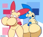  anthro big_breasts big_butt black_eyes bottom_heavy breasts butt dewy-eyedboy duo featureless_breasts featureless_crotch female generation_3_pokemon holding_breast huge_breasts huge_butt huge_thighs looking_back minun nintendo plusle pokemon pokemon_(species) smile thick_thighs yellow_body 