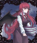  1girl bat_wings black_background black_skirt black_vest book closed_mouth collared_shirt commentary head_wings highres holding holding_book kanaria_(bocmn) koakuma long_hair long_sleeves multiple_wings necktie one-hour_drawing_challenge red_eyes red_hair red_necktie shirt skirt smile solo touhou vest white_shirt wings 