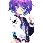  1girl bandaid bandaid_on_face blue_eyes cross_(vgne4542) highres melody_(projektmelody) purple_hair short_hair smile vshojo 