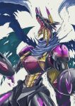  1other armor blue_cape cape digimon digimon_(creature) dragon highres horns no_humans open_mouth regulusmon robot sawa_d sharp_teeth simple_background solo teeth torn_cape torn_clothes white_background yellow_eyes 