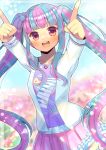  1girl :d arms_up bang_dream! blue_hair blurry blurry_background blush bracelet breasts clothes_writing commentary_request commission depth_of_field frilled_skirt frills jacket jewelry kou_hiyoyo long_hair long_sleeves looking_at_viewer medium_breasts multicolored_hair nyubara_reona open_clothes open_jacket pink_hair pink_skirt pointing purple_shirt red_eyes shirt sidelocks skeb_commission skirt smile solo teeth twintails two-tone_hair upper_teeth_only very_long_hair white_jacket 