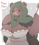  &lt;3 anotherbearsimp anthro bear biped blush breasts brown_body cleavage clothed clothing english_text female front_view hi_res holding_object mama_mellow_(anotherbearsimp) mammal one_eye_closed open_mouth orange_eyes simple_background smile solo text 