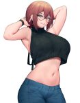  1girl armpits arms_up bracelet breasts crop_top cropped_sweater denim earrings glasses highres jewelry large_breasts midriff navel original revian_samuel_dani sleeveless turtleneck 