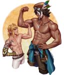  2boys abs armpit_hair artist_name bara belt blonde_hair dark-skinned_male dark_skin earrings flexing fox_bravo hair_over_eyes jewelry link looking_at_another multicolored_hair multiple_boys muscular muscular_male necklace pectorals pointy_ears ponytail streaked_hair tauro_(totk) the_legend_of_zelda the_legend_of_zelda:_tears_of_the_kingdom tied_beard topless_male veins 