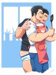  2boys ^_^ ass_peek bara black_hair blush closed_eyes cooking couple cropped_legs drooling glasses hand_on_another&#039;s_waist highres holding hungry long_sideburns male_focus male_underwear male_underwear_pull motoori_shiro mouth_drool multiple_boys muscular muscular_male no_pants protagonist_3_(housamo) rimless_eyewear shirt short_hair sideburns smile sparse_leg_hair tepen_(tptptpn) thick_eyebrows tokyo_afterschool_summoners underwear white_male_underwear yaoi 