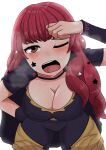  1girl amamitsu9 black_cape blush bodysuit breasts breath cape cleavage commentary exhausted eyelashes facial_mark fire_emblem fire_emblem_engage hair_ornament hand_on_forehead hand_on_own_hip highres large_breasts leaning_forward long_hair looking_at_viewer one_eye_closed open_mouth red_eyes red_hair short_sleeves simple_background star_(symbol) star_facial_mark star_hair_ornament star_tattoo sweat tattoo white_background yunaka_(fire_emblem) 