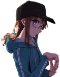  1girl :o baseball_cap black-framed_eyewear black_headwear brown_hair drawstring english_commentary from_side glasses hair_flowing_over hair_tie hat highres hood hooded_track_jacket jacket looking_to_the_side low_ponytail mixed-language_commentary original own_hands_together purple_eyes ryuunosuke_(luckyneco) sidelocks solo track_jacket 