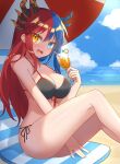  1girl bare_arms bare_legs bare_shoulders beach bikini black_bikini blue_eyes blue_hair blue_horns blush breasts bright_pupils chair cup dragon_girl dragon_horns drinking_glass drinking_straw heterochromia highres horns inferna_dragnis large_breasts long_hair looking_at_viewer multicolored_hair non-web_source ocean on_chair orange_eyes orange_horns orange_juice original outdoors pale_skin red_hair sand scenery sitting smile solo split-color_hair swimsuit symbol-shaped_pupils two-tone_hair umbrella usagi1923 water white_pupils 