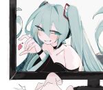  1girl 1other bad_id bad_twitter_id bare_shoulders black_choker blue_eyes blue_hair blush bracelet choker collarbone detached_sleeves half-heart_hands hatsune_miku jewelry long_hair looking_at_viewer looking_to_the_side monitor parted_lips pov seductive_smile smile solo_focus twintails usa37107692 very_long_hair vocaloid white_background 