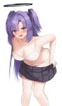  1girl :o bare_legs black_skirt blue_archive blush bra breasts cleavage collarbone feet_out_of_frame halo highres large_breasts leaning_forward looking_at_viewer nonoka7221 panties pleated_skirt purple_eyes purple_hair simple_background skirt skirt_hold solo stomach two_side_up underwear white_background white_bra white_panties yuuka_(blue_archive) 