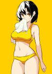  1girl black_hair breasts highres holding holding_towel kekemotsu looking_at_viewer medium_breasts midriff navel original panties short_hair simple_background solo sports_bra towel underwear yellow_background yellow_eyes yellow_panties yellow_sports_bra 