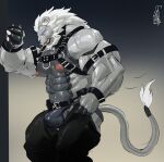  2023 abs anthro armband artist_name beard belt biceps black_bottomwear black_clothing black_pants blue_eyes bottomwear bottomwear_down bracelet bulge butt claws clothed clothing esganoth esgar eyewear facial_hair felid finger_claws fur glasses gradient_background grey_body grey_fur hair harness hi_res jewelry jockstrap leaning_on_wall leather leather_bottomwear leather_bracelet leather_clothing leather_harness leather_pants lion male mammal mane multicolored_body multicolored_fur muscular muscular_anthro muscular_male navel nipples obliques open_bottomwear open_clothing open_mouth open_pants pantherine pants pants_down partially_clothed pecs simple_background solo tail tail_tuft triceps tuft underwear white_hair white_mane wristband 