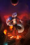  2018 absurd_res anthro athletic barefoot blue_markings blue_nipples bottomwear breasts clothed clothing cobalt_(miateshcha) digital_media_(artwork) dipstick_tail eclipse feet female fingerpads fire fur fur_markings grin hair hi_res long_tail macro mammal markings multicolored_eyes night nipples open_clothing open_shirt open_topwear pants pawpads pink_nose prehensile_tail rampage ruins shirt smile solo spaceweasel2306 sparks swirl tail tail_markings tail_tuft topwear tuft two_tone_eyes white_body white_fur white_hair 