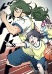  4boys alternate_costume ball basketball_(object) black_hair black_shorts checkered_wristband collarbone danganronpa_(series) danganronpa_2:_goodbye_despair danganronpa_v3:_killing_harmony facial_hair goatee gokuhara_gonta green_hair highres momota_kaito multiple_boys muscular muscular_male oma_kokichi pink_hair playing_sports ponytail running shachoo_(poco_poco) shirt short_hair shorts soda_kazuichi spiked_hair sportswear teeth white_background white_shirt yellow_shirt 