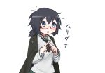  1girl absurdres black_eyes black_hair black_neckerchief blouse blush commentary girls_und_panzer glasses haori highres index_fingers_together japanese_clothes long_sleeves looking_to_the_side m1saki_1 medium_hair messy_hair neckerchief ooarai_school_uniform open_mouth oryou_(girls_und_panzer) red-framed_eyewear sailor_collar sakamoto_clan_(emblem) school_uniform semi-rimless_eyewear serafuku shirt short_ponytail simple_background solo translated under-rim_eyewear upper_body white_background white_sailor_collar white_shirt 