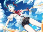  1girl aqua_eyes aqua_hair black_shorts cloud cloudy_sky day feet_out_of_frame frilled_shirt frills hair_ribbon hatsune_miku highres long_hair looking_to_the_side midair neck_ribbon open_mouth outstretched_arms red_ribbon ribbon sekiranun_graffiti_(vocaloid) shirt short_shorts short_sleeves shorts sky smile solo striped striped_ribbon twintails vocaloid white_shirt wind wrist_ribbon yohki 