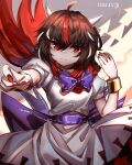  1girl absurdres black_hair bracelet cape closed_mouth commentary_request dress fingernails grey_background highres horns jewelry kijin_seija long_fingernails looking_at_viewer multicolored_hair red_cape red_eyes red_hair red_nails short_sleeves signature solo streaked_hair top-exerou touhou white_dress white_hair 