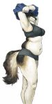  anthro belly bra breasts canid canine canis cettus clothing eyes_closed female fur hi_res mammal navel overweight overweight_anthro overweight_female panties shirt side_view simple_background solo standing tail topwear underwear undressing white_background white_body white_fur wolf 
