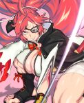  1girl baiken big_hair black_jacket black_kimono breasts cleavage eyepatch facial_tattoo guilty_gear guilty_gear_xrd highres hori_shin jacket jacket_on_shoulders japanese_clothes katana kimono large_breasts long_hair looking_at_viewer multicolored_clothes multicolored_kimono muscular muscular_female one-eyed open_clothes open_kimono ponytail red_eyes red_hair samurai sandals scar scar_across_eye scar_on_face smile sword tattoo thick_thighs thighs toenails toes torn_sleeve weapon white_kimono 